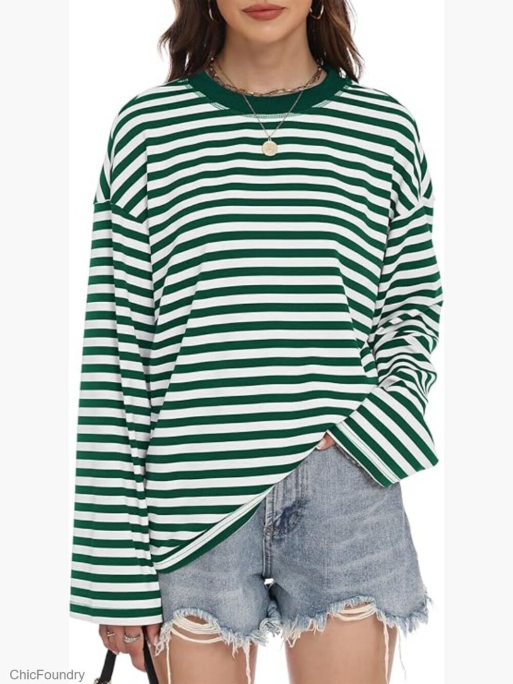 Striped Oversized Drop Shoulder Crewneck Pullover Sweatshirt Long Sleeve